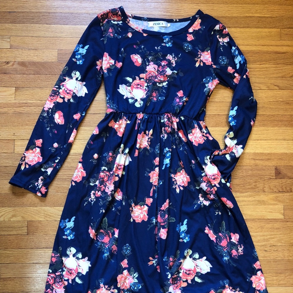 Navy floral ALine swing dress with pockets